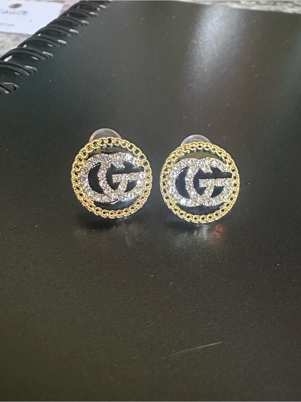 Black & Gold Rhinestone Monogram Sterling Silver Stud Earrings